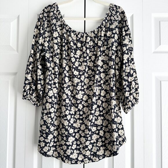 Lauren Ralph Lauren Blouse Women’s 1X Floral Peasant Navy Blue Top 3/4 Sleeve - Picture 2 of 8
